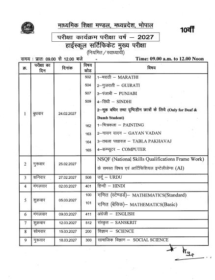 MP Board 10th Time Table
