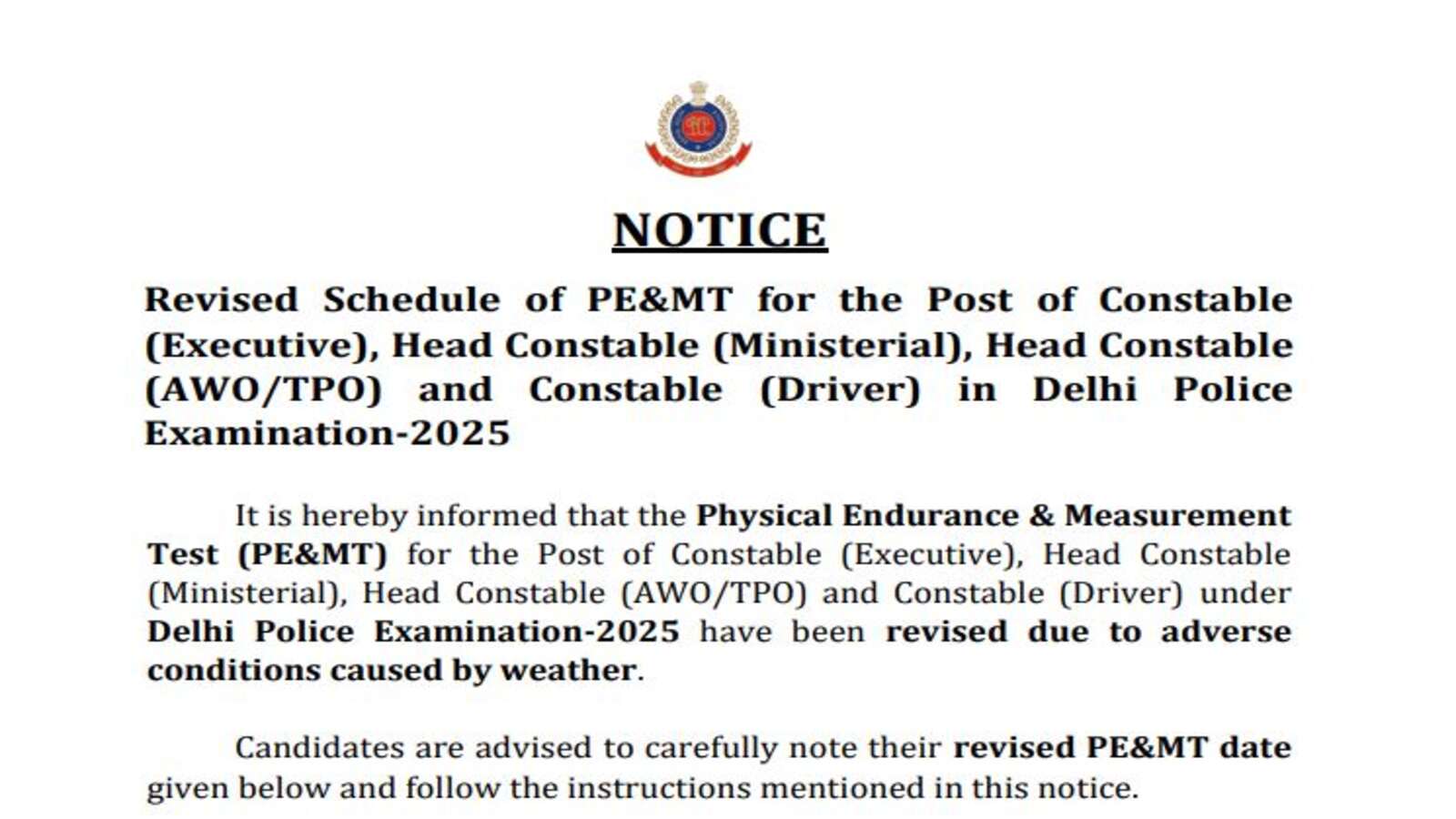 Delhi Police Physical Test Dates 2026 Latest Update